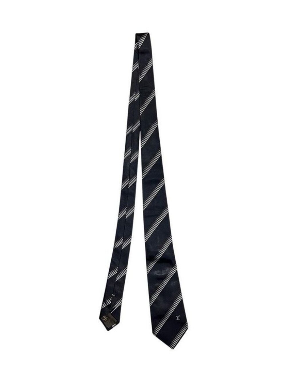 Louis Vuitton Navy Blue Striped Designer Neck Tie 100% Silk Embroidered Logo